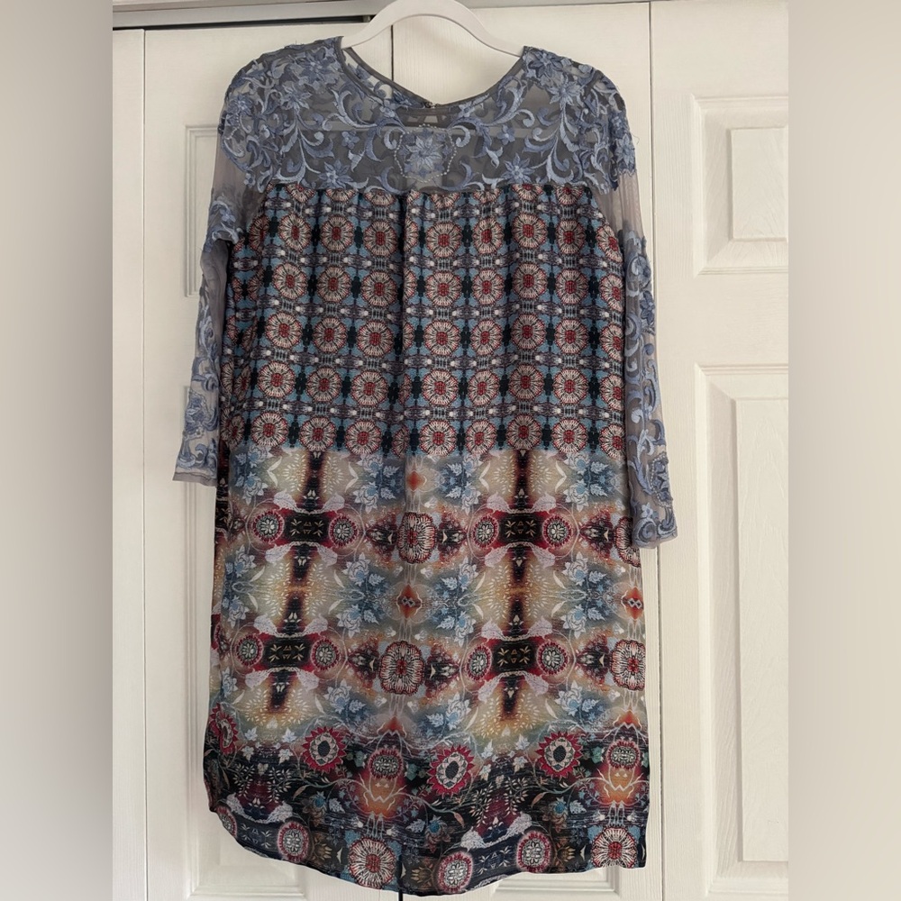 Chic Blue And Multicolor Patterned Mini Dress - image 1